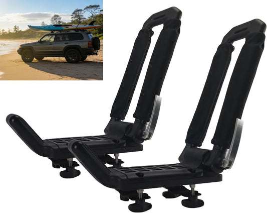 Folding Kayak Roof Rack - Low Profile When Folded, Universal Car SUV Truck Carrier, Elliptical Aluminum Alloy, Tool-Free Locking Hinge for Kayak, Canoe, SUP (Holds 100 lbs)