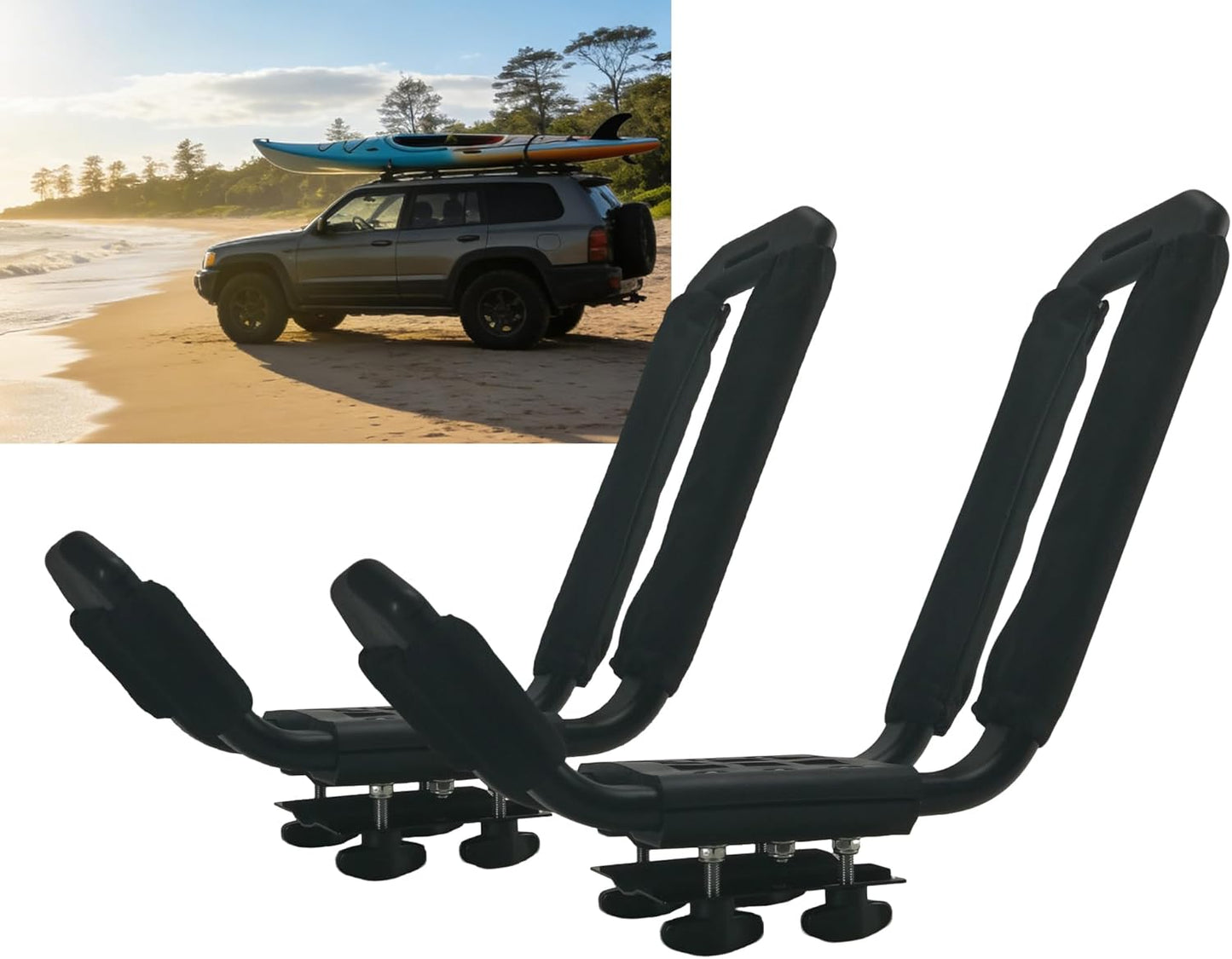 Kayak Roof Rack - Low Noise Elliptical Aluminum, Universal for Cars/SUVs. Holds Kayaks, Canoes, SUPs (100Lb Cap)